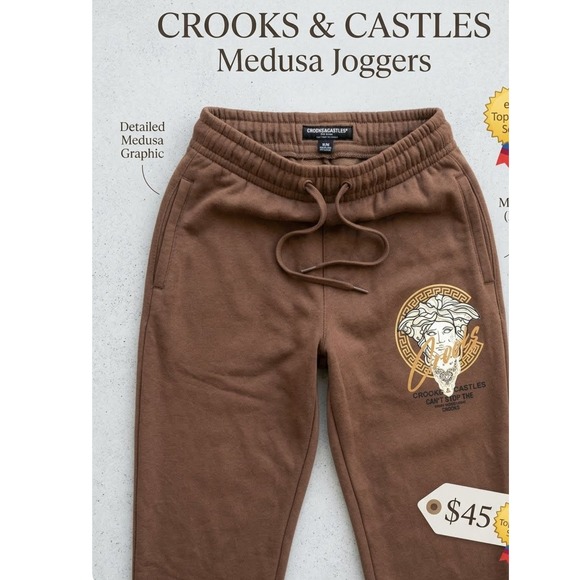 Crooks & Castles Pants - Crooks & Castles Medusa Joggers Brown Graphic Sweatpants Medium
